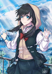 Rule 34 | 1girl, absurdres, amano hina (tenki no ko), black hair, black jacket, black skirt, blue eyes, blurry, blurry background, bow, collar, commentary request, dated, highres, hood, hood up, jacket, long hair, long sleeves, looking at viewer, red bow, signature, skirt, smile, solo, tenki no ko, twintails, unique (pixiv12704744)