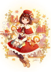 Rule 34 | 1girl, animal, bird, black hair, black legwear, black ribbon, blunt bangs, book, book on lap, book stack, bookshelf, boots, buttons, capelet, commentary request, cross-laced footwear, dress, hat, hat ornament, high heels, ivy, lace skirt, long sleeves, looking at viewer, medium hair, neck ribbon, original, red capelet, red dress, red hat, ribbon, ringomaru (omanju-oo), sitting, smile, solo focus, squirrel, sugar bowl, yellow eyes