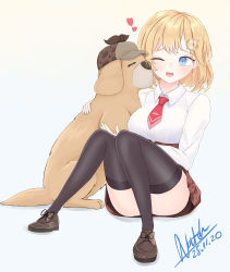 Rule 34 | 1girl, ;d, absurdres, animal, black footwear, black thighhighs, breasts, brown footwear, brown skirt, bubba (watson amelia), collared shirt, dated, deerstalker, dog, gradient background, hair ornament, hat, heart, highres, holding, holding animal, holding dog, hololive, hololive english, knees up, long sleeves, looking at another, medium breasts, natch imaycz, necktie, one eye closed, open mouth, plaid, plaid skirt, red neckwear, shirt, short necktie, signature, sitting, skirt, smile, thighhighs, virtual youtuber, watson amelia, watson amelia (1st costume), white shirt