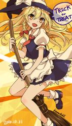 Rule 34 | 1girl, artist name, bad id, bad pixiv id, black hat, blonde hair, blush, bow, dated, english text, hair bow, hat, hat bow, hat ribbon, kirisame marisa, komazuki (komaworks240), long hair, looking at viewer, miniskirt, open mouth, red bow, ribbon, skirt, smile, solo, speech bubble, touhou, trick or treat, white bow, white ribbon, witch hat, yellow eyes
