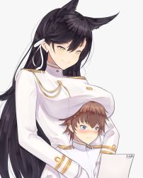 Rule 34 | 1boy, 1girl, animal ears, atago (azur lane), azur lane, black hair, blackwatchar, blue eyes, blush, breasts, brown eyes, brown hair, commentary request, embarrassed, gloves, highres, large breasts, long hair, long sleeves, military, military uniform, mole, mole under eye, naval uniform, out of character, smile, uniform, white gloves