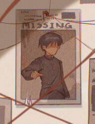 Rule 34 | 1boy, black hair, closed mouth, commentary, english commentary, english text, faceless, faceless male, gakuran, highres, long sleeves, male focus, missing poster, mob psycho 100, mogami keiji, mp100days, poster (object), pushpin, reigen arataka, school uniform, short hair, solo