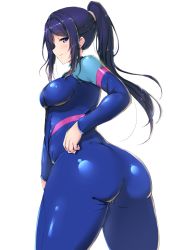 Rule 34 | 1girl, ass, blush, bodysuit, breasts, cowboy shot, diving suit, from side, full body, half-closed eyes, hand on own hip, highres, horse tail, legs apart, long hair, looking at viewer, love live!, love live! sunshine!!, matsuura kanan, medium breasts, one-piece swimsuit, parted bangs, purple eyes, purple hair, shinonon (iso shino), sideways mouth, simple background, skin tight, smile, solo, standing, swept bangs, swimsuit, tail, thick thighs, thighs, wetsuit, white background