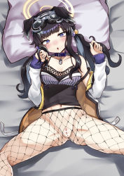 Rule 34 | 1girl, animal collar, animal ears, bar censor, bed sheet, black hair, blue archive, breasts, bright pupils, censored, collar, collarbone, dog ears, dog tags, fishnet pantyhose, fishnets, floppy ears, goggles, goggles on head, grey hair, hair bobbles, hair ornament, halo, hand in own hair, hands up, head on pillow, hibiki (blue archive), highres, long hair, looking down, lying, medium breasts, midriff, multicolored hair, navel, nipples, on back, open mouth, pantyhose, pillow, pointless censoring, purple collar, purple eyes, pussy, sidelocks, solo, spread legs, tsuzura (pixiv74922627), twintails, two-tone hair, white pupils