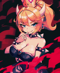 Rule 34 | 1girl, black background, blonde hair, blue eyes, bowsette, breasts, cleavage, crown, dress, earrings, fang, fang out, finger to mouth, half-closed eyes, horns, jewelry, large breasts, makaroll, mario (series), nail polish, new super mario bros. u deluxe, nintendo, pointy ears, ponytail, simple background, smile, solo, super crown, upper body