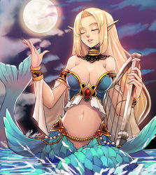 Rule 34 | 1girl, bare shoulders, blonde hair, breasts, cleavage, closed eyes, full moon, jewelry, large breasts, lips, long hair, lots of jewelry, mermaid, monster girl, moon, navel, original, parted lips, qbspdl, smile, solo