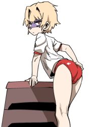 Rule 34 | 1boy, angry, ass, blonde hair, buruma, gym uniform, highres, jeong sana, looking at viewer, looking back, male focus, parkgee, red buruma, red eyes, shaded face, shirt, simple background, solo, suicide boy, vaulting horse, white background, white shirt
