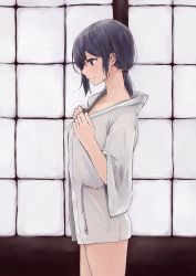 Rule 34 | 1girl, absurdres, black eyes, black hair, bottomless, collarbone, cowboy shot, from side, highres, japanese clothes, kimono, looking away, looking down, low twintails, no bra, no panties, original, rucchiifu, short twintails, smile, solo, thighs, twintails, wide sleeves