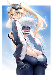 Rule 34 | 1girl, absurdres, ahoge, ass, ass cutout, azur lane, between buttocks, black gloves, blonde hair, bluecher (azur lane), bluecher (high-altitude head over heels) (azur lane), breasts, butt crack, cl (summer sama), clothing cutout, from behind, fur trim, gloves, goggles, goggles on head, hair between eyes, highres, long hair, long sleeves, looking at viewer, medium breasts, official alternate costume, open mouth, rabbit tail, sideboob, smile, solo, tail, twintails