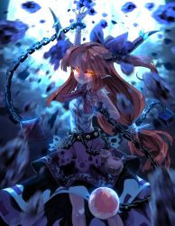 Rule 34 | 1girl, arm up, belt, blue skirt, blue theme, bow, chain, commentary, cube, cuffs, debris, destruction, feet out of frame, glowing, glowing eyes, gourd, grin, hair bow, highres, horn ornament, horn ribbon, horns, ibuki suika, layered skirt, long hair, looking at viewer, low-tied long hair, motion blur, orange eyes, orange hair, orb, pointy ears, pyramid (geometry), ribbon, shackles, shirt, skirt, sleeveless, sleeveless shirt, smile, solo, standing, sunnysideup, touhou, very long hair, white shirt