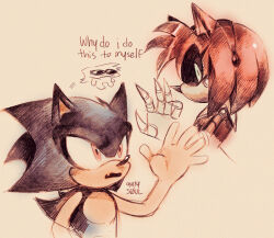 Rule 34 | 1boy, 1girl, 9474s0ul, alternate universe, animal ears, animal nose, brown background, english text, fang, from side, furry, furry male, green eyes, hand up, hatching (texture), highres, metal amy, metal sonic, no gloves, open mouth, red eyes, robot, robot girl, signature, simple background, sonic (series), upper body