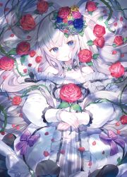 Rule 34 | 1girl, blue eyes, blush, bow, breasts, choker, collarbone, dress, flower, hair flower, hair ornament, holding, holding flower, ibara riato, long hair, long sleeves, looking at viewer, lying, off-shoulder dress, off shoulder, on back, open mouth, original, own hands together, red flower, red rose, rose, solo, thorns, very long hair, white hair