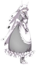 Rule 34 | 1girl, aggron, apron, bad id, bad pixiv id, black dress, blue eyes, boots, creatures (company), dress, female focus, frills, full body, game freak, gauntlets, gen 3 pokemon, grey hair, horns, looking at viewer, maid apron, mega aggron, mega pokemon, nintendo, pale skin, personification, pokemon, shikkoku neko, simple background, solo, standing, white background