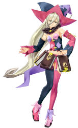 Rule 34 | 1girl, 3d, absurdres, asymmetrical footwear, asymmetrical legwear, asymmetrical sleeves, blonde hair, book, detached sleeves, flat chest, full body, garter straps, green eyes, hair between eyes, hat, highres, long hair, magilou (tales), mismatched footwear, mismatched legwear, mismatched sleeves, official art, simple background, solo, tales of (series), tales of berseria, very long hair, white background, witch hat