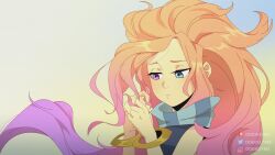 Rule 34 | 1girl, artist name, bare shoulders, closed mouth, green eyes, green scarf, green shirt, hands up, heterochromia, highres, league of legends, light brown hair, long hair, multicolored background, multicolored hair, odeko yma, pink hair, purple eyes, scarf, shirt, solo, striped clothes, striped scarf, two-tone hair, very long hair, watermark, zoe (league of legends)