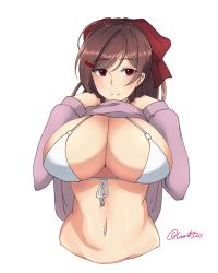 Rule 34 | 10s, 1girl, alternate costume, bikini, bikini top only, bra, breasts, brown hair, clothes lift, front-tie top, hair ornament, hair ribbon, hairclip, hayabusa, huge breasts, kantai collection, long hair, looking at viewer, mamiya (kancolle), navel, ponytail, purple eyes, purple shirt, ribbon, shirt, shirt lift, simple background, smile, solo, swept bangs, swimsuit, underwear, upper body, white background, white bra