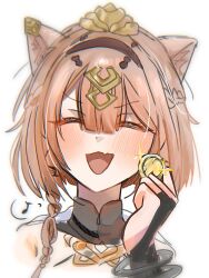 Rule 34 | 1girl, :d, ^ ^, animal ear fluff, animal ears, black hairband, blush, bridal gauntlets, brown hair, cat ears, closed eyes, commentary request, eighth note, facing viewer, fang, glint, hair between eyes, hair ornament, hairband, holding, honkai (series), honkai impact 3rd, musical note, open mouth, pardofelis (honkai impact), portrait, riu (lee lee4127), simple background, smile, solo, spoken musical note, v-shaped eyebrows, white background