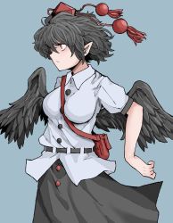 Rule 34 | 1girl, :/, bag, bird wings, black skirt, black wings, breasts, closed mouth, collared shirt, fe (tetsu), grey background, hat, highres, pom pom (clothes), red eyes, red hat, shameimaru aya, shirt, short sleeves, shoulder bag, simple background, skirt, solo, tokin hat, touhou, white shirt, wings