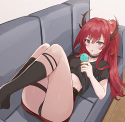 Rule 34 | 1girl, :o, arknights, black panties, black shirt, black socks, blush, collar, couch, food, food on face, holding, holding food, horns, ice cream, ice cream cone, kneehighs, long hair, looking at viewer, lying, miniskirt, multico, official alternate costume, on back, on couch, open mouth, panties, ponytail, purple eyes, red hair, red skirt, shirt, short sleeves, sidelocks, skirt, socks, solo, surtr (arknights), surtr (liberte echec) (arknights), thigh strap, underwear, upskirt, wooden floor