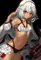 Rule 34 | 1girl, altera (fate), arm up, armpits, bare shoulders, bikini, black background, black bikini, black nails, breasts, cleavage, closed mouth, collar, collarbone, cowboy shot, dark-skinned female, dark skin, detached sleeves, dutch angle, expressionless, fate/grand order, fate (series), forehead protector, frills, full-body tattoo, gijang, holding, holding weapon, long sleeves, looking at viewer, mismatched bikini, nail polish, navel, red eyes, silver hair, simple background, small breasts, solo, standing, stomach, swimsuit, tattoo, tsurime, veil, waist cape, weapon, white bikini