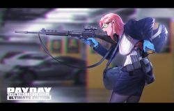 Rule 34 | 1girl, bag, black jacket, black skirt, blue gloves, blurry, blurry background, breasts, car, chinese commentary, collared shirt, commentary request, cowboy shot, dress shirt, earphones, formal, from side, glasses, gloves, gun, highres, holding, holding gun, holding weapon, holster, jacket, large breasts, letterboxed, long sleeves, magazine (weapon), medium hair, miniskirt, motor vehicle, office lady, open clothes, open jacket, open mouth, original, pantyhose, parking garage, parking lot, pencil skirt, profile, red hair, rifle, shirt, shiwanmali, shoulder bag, shoulder holster, skirt, skirt suit, sniper rifle, solo, standing, suit, trigger discipline, weapon, weapon request, white shirt