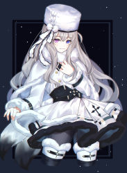 Rule 34 | 1girl, absurdres, azur lane, black pantyhose, blue eyes, buttons, capelet, closed mouth, commentary, cropped legs, double-breasted, dress, fur-trimmed capelet, fur-trimmed collar, fur-trimmed sleeves, fur trim, grey hair, hair between eyes, hat, heterochromia, highres, layered dress, long hair, long sleeves, looking at viewer, murmansk (azur lane), pantyhose, pom pom (clothes), purple eyes, sidelocks, skirt hold, smile, solo, thighhighs, white capelet, white dress, white hat, yoshitoki (kisshin)