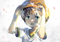 Rule 34 | 1boy, artist name, brown hair, dated, digimon, digimon frontier, green eyes, hat, himi tomoki, male focus, open mouth, petals, portrait, reach (rrrui), solo, teeth, white background