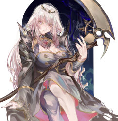 Rule 34 | 1girl, absurdres, black dress, black nails, breasts, cape, dress, highres, holding, holding scythe, hololive, hololive english, large breasts, long hair, looking at viewer, mori calliope, nail polish, niza, pink eyes, pink hair, scythe, single leg pantyhose, sitting, smile, solo, spikes, tiara, veil, very long hair, virtual youtuber