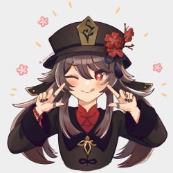 Rule 34 | 1girl, ;q, artist name, bead bracelet, beads, black hat, black nails, blush, bracelet, braided hair rings, brown coat, brown hair, chinese clothes, closed mouth, coat, commentary request, cropped torso, eyelashes, fingernails, flower, flower-shaped pupils, flower (symbol), genshin impact, grey background, hair between eyes, hair flaps, hands up, hat, hat flower, hu tao (genshin impact), jewelry, long hair, long sleeves, looking at viewer, miccono, nail polish, notice lines, one eye closed, plum blossoms, porkpie hat, red eyes, red flower, red shirt, ring, shirt, sidelocks, simple background, smile, solo, symbol-shaped pupils, tassel, tongue, tongue out, twintails, twitter username, upper body