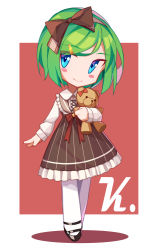 Rule 34 | 1girl, arnold-s, black footwear, blue eyes, blush stickers, bow, brown bow, brown dress, chibi, closed mouth, dress, full body, green hair, hair bow, hair ornament, hairclip, highres, hugging object, lolita fashion, original, pantyhose, red background, shirt, shoes, sleeveless, sleeveless dress, smile, solo, standing, striped clothes, striped dress, stuffed animal, stuffed toy, teddy bear, two side up, vertical-striped clothes, vertical-striped dress, white background, white pantyhose, white shirt