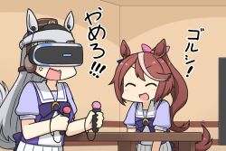 2girls, anger vein, angry, animal ears, brown hair, brown headwear, commentary request, controller, eyes closed, game controller, gold ship, hamu koutarou, hat, head mounted display, high ponytail, holding, holding controller, holding game controller, horse ears, horse girl, horse tail, indoors, long hair, multicolored hair, multiple girls, open mouth, playing games, playstation move, playstation vr, pleated skirt, puffy short sleeves, puffy sleeves, school uniform, short sleeves, silver hair, skirt, smile, streaked hair, tail, tokai teio, tracen school uniform, translation request, two-tone hair, umamusume, white hair, white skirt