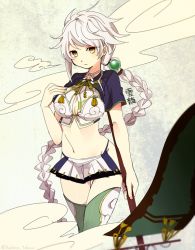 Rule 34 | 10s, 1girl, banner, braid, breasts, character name, cleavage cutout, clothing cutout, cloud, hand on own chest, haroko (haloco), kantai collection, large breasts, long hair, messy hair, midriff, miniskirt, navel, neck ribbon, ribbon, side cutout, skirt, thighhighs, unryuu (kancolle), very long hair, white hair, yellow eyes