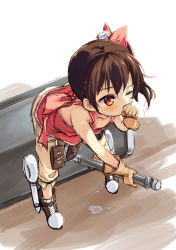 Rule 34 | 1girl, ass, bad id, bad pixiv id, bare shoulders, brown hair, gloves, hair ornament, hair ribbon, hammer, hammer (ole tower), highres, into-rain, ole tower, oversized object, ponytail, red eyes, ribbon, side ponytail, single glove, solo, umakuchi shouyu (into-rain), weapon, wince
