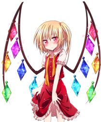 Rule 34 | 1girl, blonde hair, blush, flandre scarlet, haiiro (immature), looking at viewer, no headwear, pointy ears, red eyes, red skirt, short hair, side ponytail, simple background, skirt, solo, touhou, white background, wings