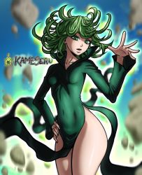 Rule 34 | 1girl, artist name, breasts, curly hair, curvy, dress, female focus, green dress, green eyes, green hair, hand on own hip, hand up, kameseru, long sleeves, looking at viewer, one-punch man, petite, small breasts, solo, tatsumaki, thick thighs, thighhighs, thighs