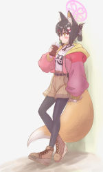 Rule 34 | 1girl, absurdres, alternate costume, alternate hairstyle, animal ear fluff, animal ears, belt, black belt, black hair, black pantyhose, blue archive, blush, boots, brown footwear, brown shorts, casual, cropped jacket, cup, drinking straw, drinking straw in mouth, eyeshadow, fox ears, fox girl, fox hair ornament, fox tail, from side, full body, hair ornament, hairclip, halo, highres, holding, holding cup, hood, hooded jacket, izuna (blue archive), jacket, long sleeves, looking to the side, makeup, pantyhose, pink eyeshadow, pink jacket, puffy sleeves, shirt, shirt tucked in, shorts, simple background, solo, tail, thighs, tomonx, whipped cream, white background, white shirt, yellow eyes