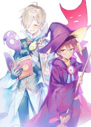 Rule 34 | 2boys, absurdres, blue ribbon, book, broom, brown hair, clock, closed eyes, cosplay, costume switch, hair between eyes, hair over one eye, highres, holding, holding book, holding broom, it po (sss cmy), klug (puyopuyo), lemres (puyopuyo), long sleeves, male focus, multiple boys, open mouth, orange sweater, parted lips, purple robe, puyopuyo, red eyes, ribbon, robe, round eyewear, strange klug, sweater, white background, wing ornament