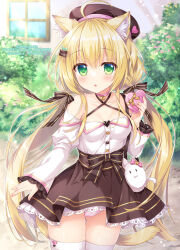 Rule 34 | 1girl, :o, ahoge, ameto yuki, animal bag, animal ear fluff, animal ears, bag, beret, blonde hair, blurry, blurry background, blush, box, breasts, brown hat, brown skirt, cat ears, chocomint (ameto yuki), commentary request, day, depth of field, gift, gift box, green eyes, hat, heart, heart-shaped box, holding, holding gift, juliet sleeves, long hair, long sleeves, looking at viewer, low twintails, off-shoulder shirt, off shoulder, original, outdoors, panties, parted lips, puffy sleeves, shirt, shoulder bag, skirt, sleeves past wrists, small breasts, solo, striped clothes, striped panties, twintails, underwear, valentine, very long hair, white shirt, window