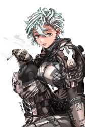Rule 34 | 1girl, animification, armor, artist name, blue hair, breasts, cigarette, earrings, grey eyes, highres, holding, holding cigarette, jewelry, kotone a, lip piercing, looking at viewer, medium breasts, multicolored hair, open mouth, piercing, pilot (titanfall 2), pulse blade pilot (titanfall 2), science fiction, short hair, silver hair, smoking, solo, streaked hair, titanfall (series), titanfall 2, white background