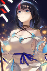 Rule 34 | 1girl, bare shoulders, black hair, blue eyes, blue ribbon, blush, breasts, chromatic aberration, closed mouth, collarbone, dress, fate/grand order, fate/requiem, fate (series), highres, jewelry, long sleeves, looking at viewer, looking up, magatama, magatama hair ornament, medium breasts, medium hair, multicolored hair, necklace, night, night sky, pelvic curtain, pink hair, polearm, puffy long sleeves, puffy sleeves, ribbon, seigaiha, seon (seonon ), short dress, sideboob, sideless outfit, sky, solo, spear, streaked hair, thighs, two-sided fabric, utsumi erice, weapon, white dress