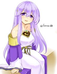 Rule 34 | 1girl, bare shoulders, breasts, circlet, dress, fire emblem, fire emblem: genealogy of the holy war, highres, julia (fire emblem), long hair, looking at viewer, medium breasts, nintendo, open mouth, purple eyes, purple hair, sash, simple background, sitting, smile, solo, wide sleeves, yukia (firstaid0)