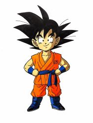 Rule 34 | 1boy, black eyes, black hair, blue footwear, boots, clenched hands, clothes writing, commentary request, dougi, dragon ball, dragon ball super, dragon ball z fukkatsu no f, full body, hands on own hips, highres, lee (dragon garou), looking at viewer, male focus, shaded face, simple background, smile, son goku, spiked hair, standing, white background, wristband