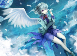 Rule 34 | 1girl, brooch, cloud, dress, expressionless, feathered wings, feathers, furapechi, highres, jewelry, kishin sagume, long sleeves, night, open clothes, outdoors, planet, purple eyes, shoes, silver hair, single wing, sitting, solo, touhou, white wings, wings