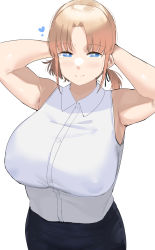 Rule 34 | 1girl, arms up, bare arms, black skirt, blonde girl (okpriko), blonde hair, blue eyes, breasts, closed mouth, collared shirt, commentary, covered erect nipples, english commentary, heart, highres, huge breasts, okpriko, original, parted bangs, shirt, short hair, simple background, skirt, sleeveless, sleeveless shirt, smile, solo, standing, twintails, white background