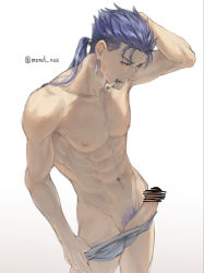 Rule 34 | 1boy, abs, arm up, bad id, bad poipiku id, blue hair, blue male underwear, blue pubic hair, censored, cigarette, cu chulainn (fate), cu chulainn (fate/stay night), earrings, erection, fate/stay night, fate (series), gradient background, grey background, hand in own hair, highres, jewelry, long hair, looking down, male focus, male pubic hair, male underwear, male underwear pull, mondi hl, muscular, muscular male, navel, nipples, pectorals, penis, ponytail, pubic hair, red eyes, smoke, smoking, solo, topless male, underwear
