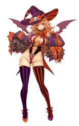 Rule 34 | 1girl, absurdres, apt, bare shoulders, bat wings, blonde hair, bow, breasts, clothing cutout, commentary request, detached collar, detached sleeves, fang, frills, full body, gluteal fold, halloween costume, hat, highleg, highleg leotard, highres, large breasts, leotard, lips, long sleeves, looking at viewer, navel, navel cutout, open mouth, original, pointy ears, red eyes, revealing clothes, shiny skin, simple background, skull, sleeves past wrists, smile, solo, standing, striped, thighhighs, thighs, vertical stripes, wings, witch hat