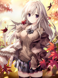Rule 34 | 1girl, absurdres, artist name, autumn, autumn leaves, black thighhighs, blue bow, blue bowtie, blurry, blurry background, book, bow, bowtie, breasts, coat, collared shirt, commentary request, cowboy shot, falling leaves, fortissimo, hair ornament, hairclip, highres, holding, holding book, holding leaf, jacket, jacket on shoulders, karory, large breasts, leaf, long hair, long sleeves, looking at viewer, maple leaf, miniskirt, musical note, musical note hair ornament, nature, off shoulder, original, plaid, plaid bow, plaid bowtie, plaid neckwear, plaid skirt, purple eyes, scarf, shirt, silver hair, skindentation, skirt, sleeves past wrists, smile, solo, staff (music), sweater, thighhighs, toggles, treble clef, zettai ryouiki