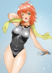 Rule 34 | 1girl, black one-piece swimsuit, chaborin, competition swimsuit, covered navel, cowboy shot, goggles, goggles around neck, gradient background, green eyes, grey one-piece swimsuit, looking at viewer, navel, one-piece swimsuit, open mouth, original, red hair, short hair, solo, standing, unworn swim cap, swimsuit, towel, wet