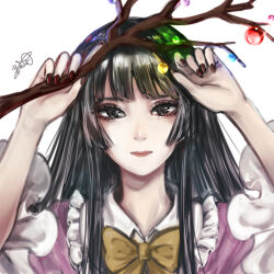 Rule 34 | 1girl, absurdres, black eyes, black hair, bow, bowtie, branch, closed mouth, collared shirt, frilled shirt collar, frilled sleeves, frills, glowing, highres, holding, holding branch, houraisan kaguya, jeweled branch of hourai, kyogoku-uru, long sleeves, looking at viewer, pink shirt, shirt, simple background, solo, touhou, upper body, white background, wide sleeves, yellow bow, yellow bowtie