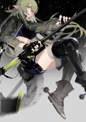 Rule 34 | 1girl, absurdres, aniao ya, arknights, black background, black gloves, black thighhighs, boots, breasts, crocodilian tail, female focus, fingerless gloves, from side, gavial (arknights), gloves, green hair, grey background, grey footwear, grey jacket, hair between eyes, highres, holding, holding scythe, jacket, knee pads, long hair, long sleeves, looking at viewer, open mouth, pointy ears, scythe, short shorts, shorts, simple background, smile, smoke, solo, stomach, tail, teeth, thighhighs, yellow eyes